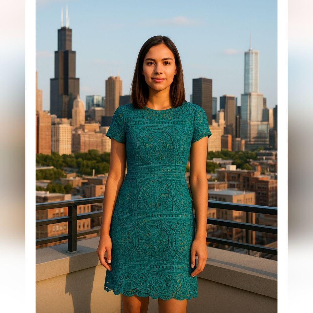 Minuet Petite Turquoise Lace Mini Dress Size L Nude Lined